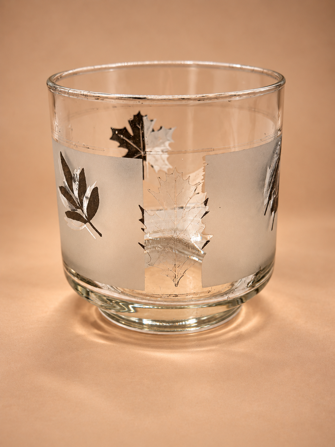 Vintage frosted Libbey cocktail glass showing preserved metallic silver foliage and clear glass base.