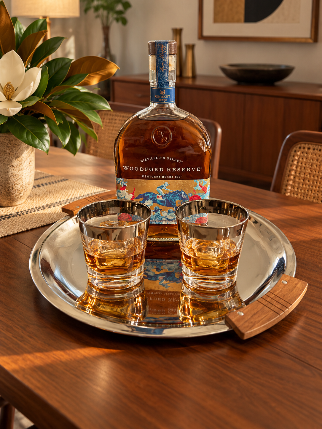Round silver-tone vintage cocktail tray with wooden handles styled on a midcentury dining table with two whiskey glasses and a bourbon bottle.
