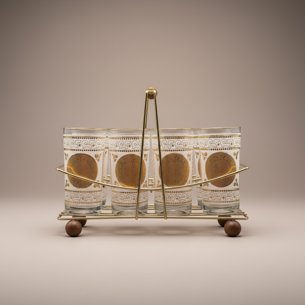 Complete set of eight vintage white and gold highball glasses displayed in the original brass-tone caddy with wood handle.