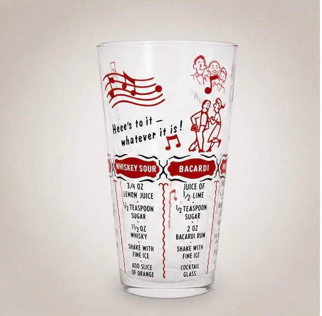 Side view displaying Whiskey Sour and Bacardi cocktail recipes with vintage illustrations.