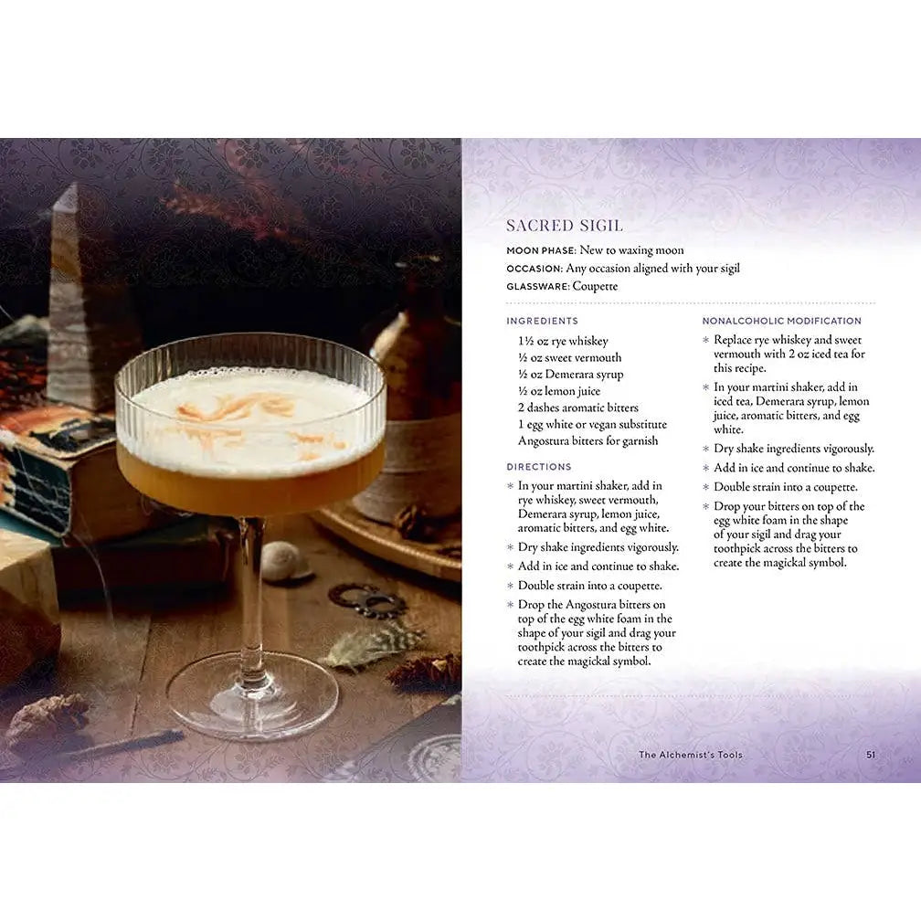 Interior pages of Witch’s Brew featuring the Sacred Sigil rye whiskey cocktail served in a coupe glass with a decorative bitters design on its foamy surface.