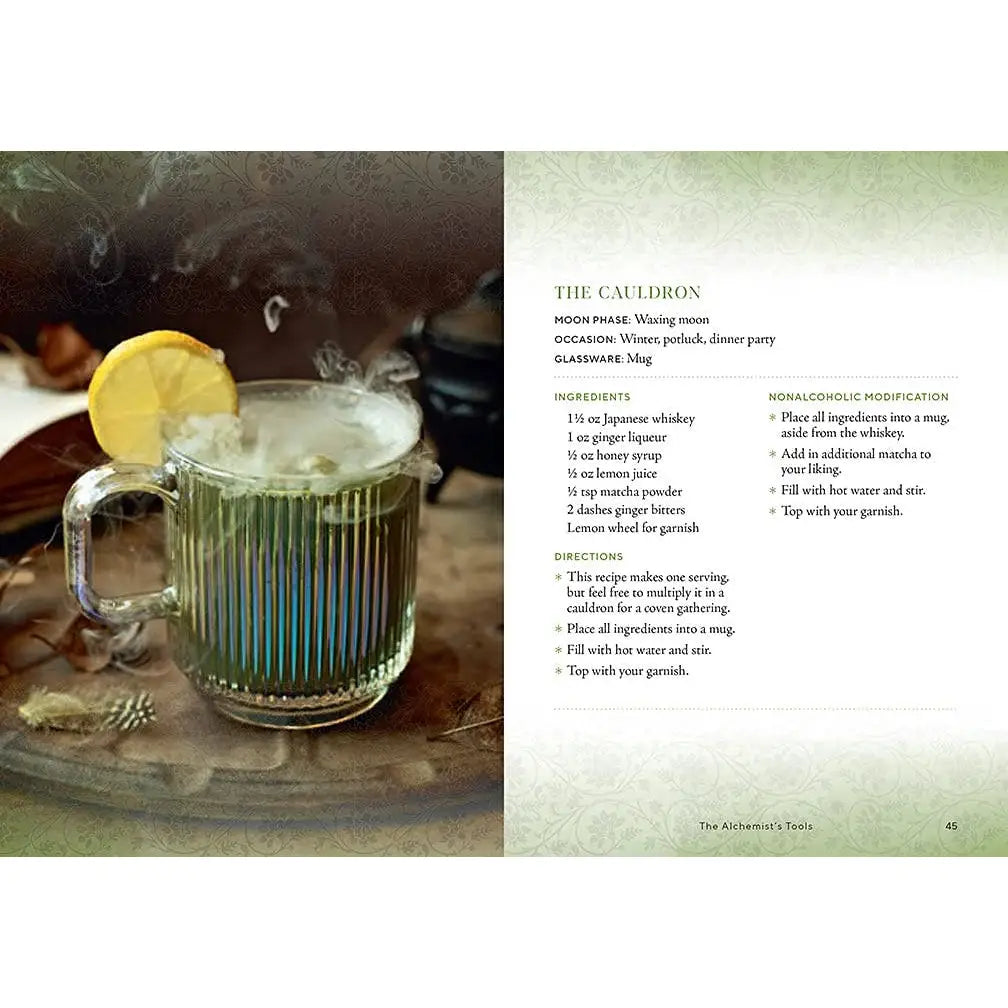 Interior pages of Witch’s Brew featuring The Cauldron, a warm whiskey cocktail with ginger, honey, matcha, and lemon served in a glass mug.