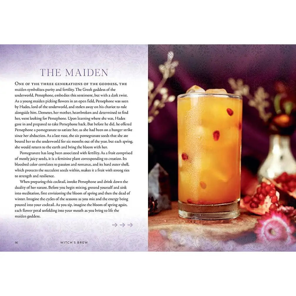 Interior pages of Witch’s Brew cocktail book featuring The Maiden, a Persephone-inspired cocktail with pomegranate seeds served in a tall glass.