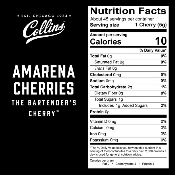 nutritional information for jar of stemless amarena cocktail cherries made by Collins