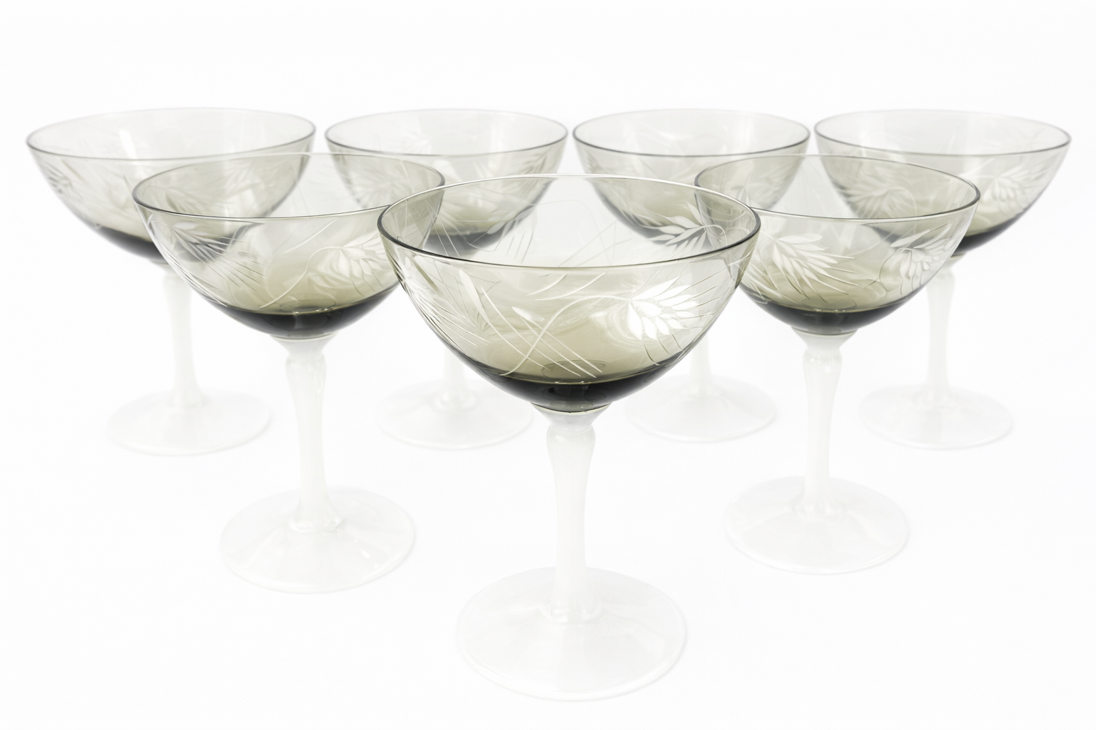 Set of six Art Deco opaline champagne coupes with etched glass bowls