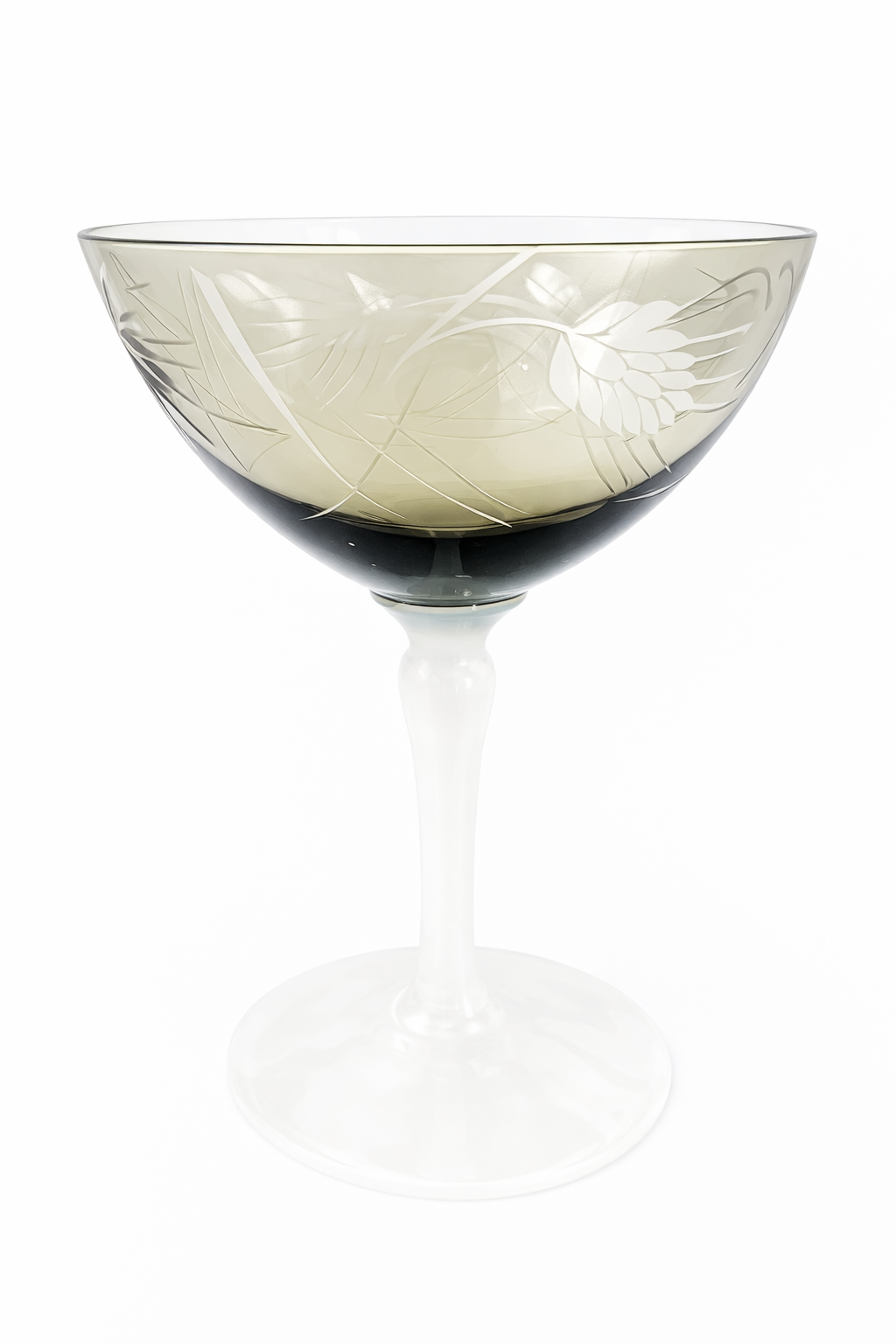 Art Deco opaline coupe glass featuring etched botanical pattern