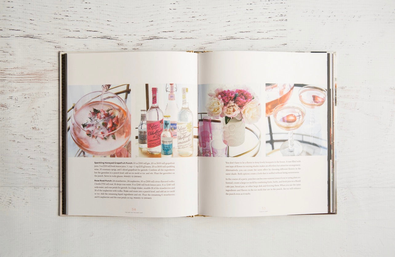 Interior spread from The Art of the Bar Cart book featuring cocktail punch recipes, styled drinks, and bar cart entertaining inspiration.