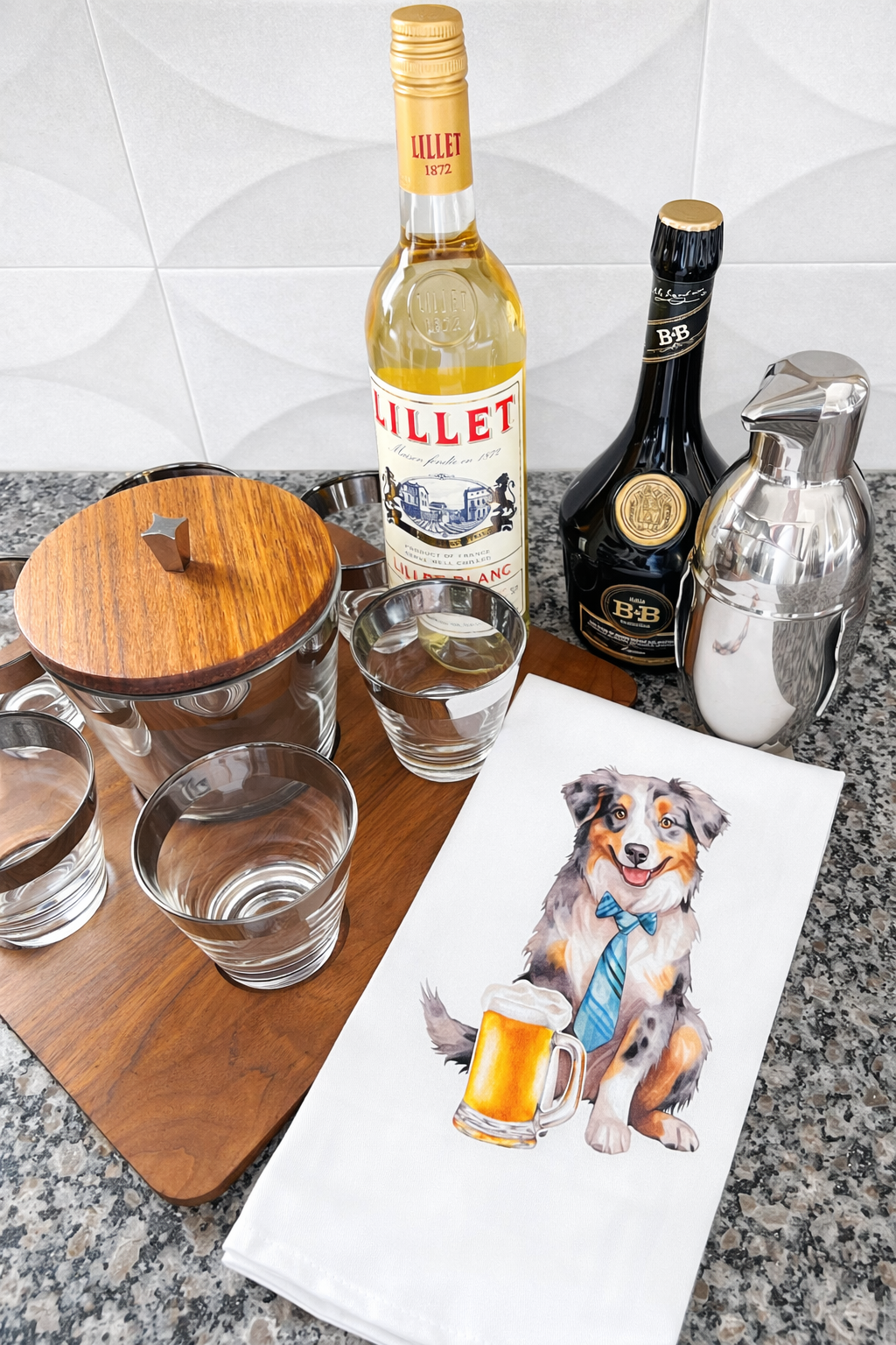 Australian Shepherd beer kitchen towel styled with cocktail glasses and barware