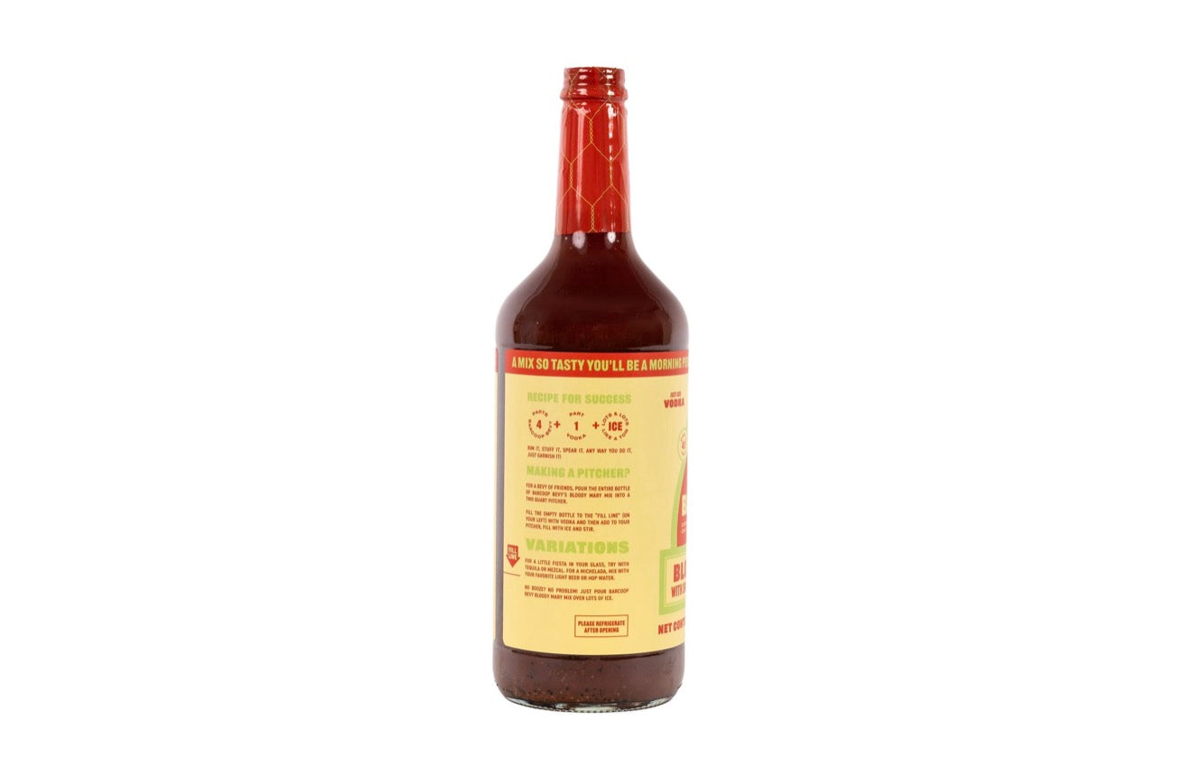 Side label of Barcoop Bevy Bloody Mary mix showing recipe instructions and serving suggestions