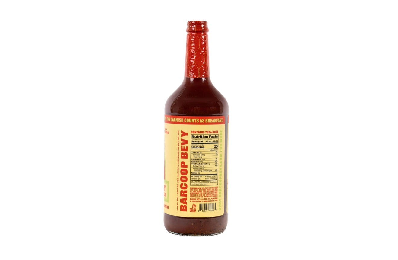 Back label of Barcoop Bevy Bloody Mary mix showing nutrition facts and ingredients