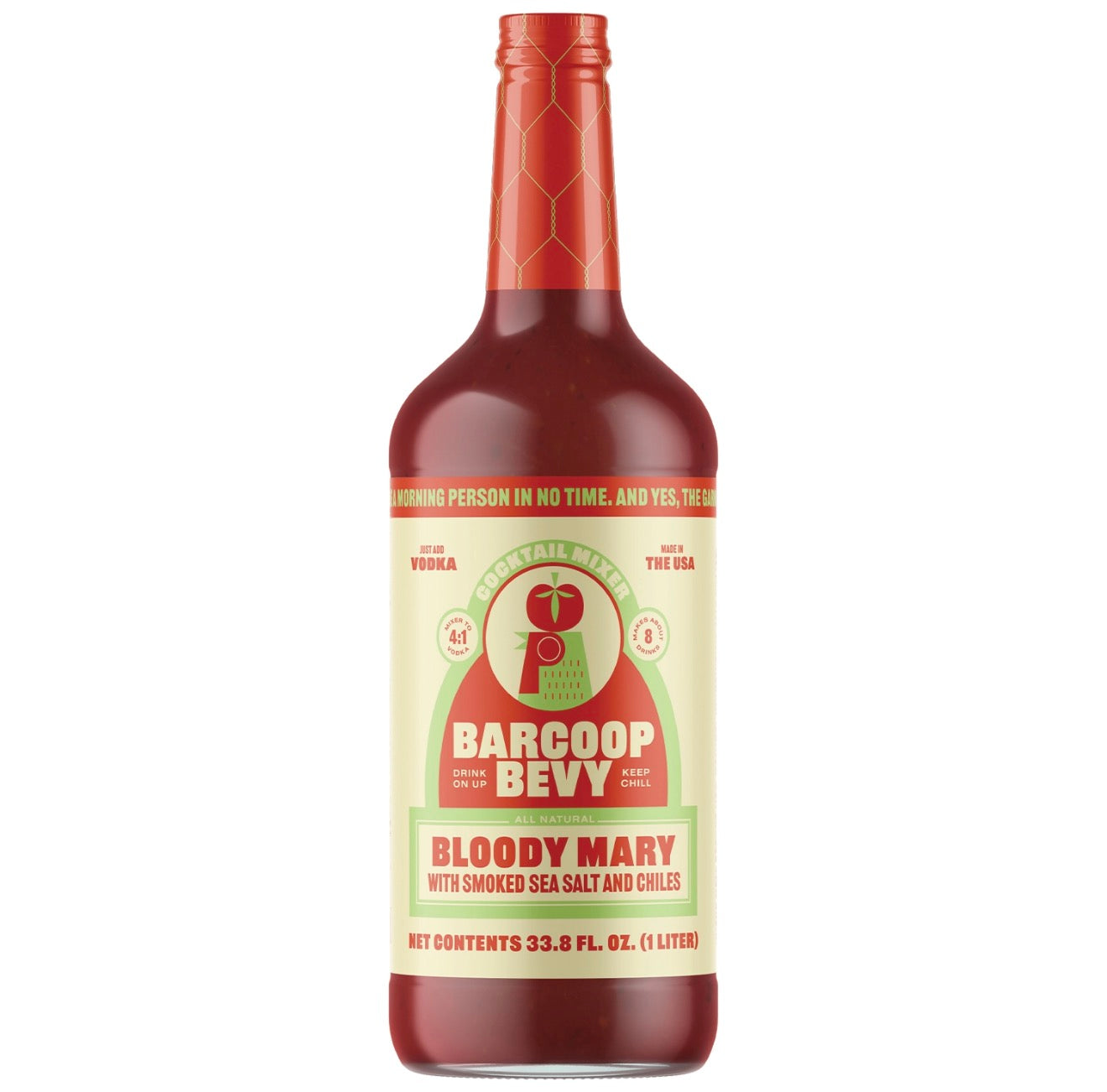 Barcoop Bevy Bloody Mary mix bottle with smoked sea salt and chiles on white background