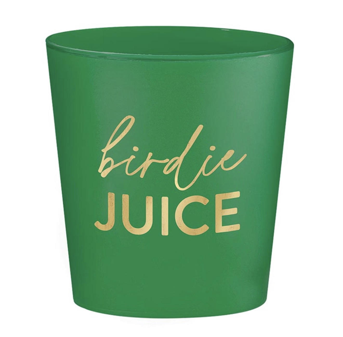 Green Birdie Juice golf party shot cup with gold foil lettering.