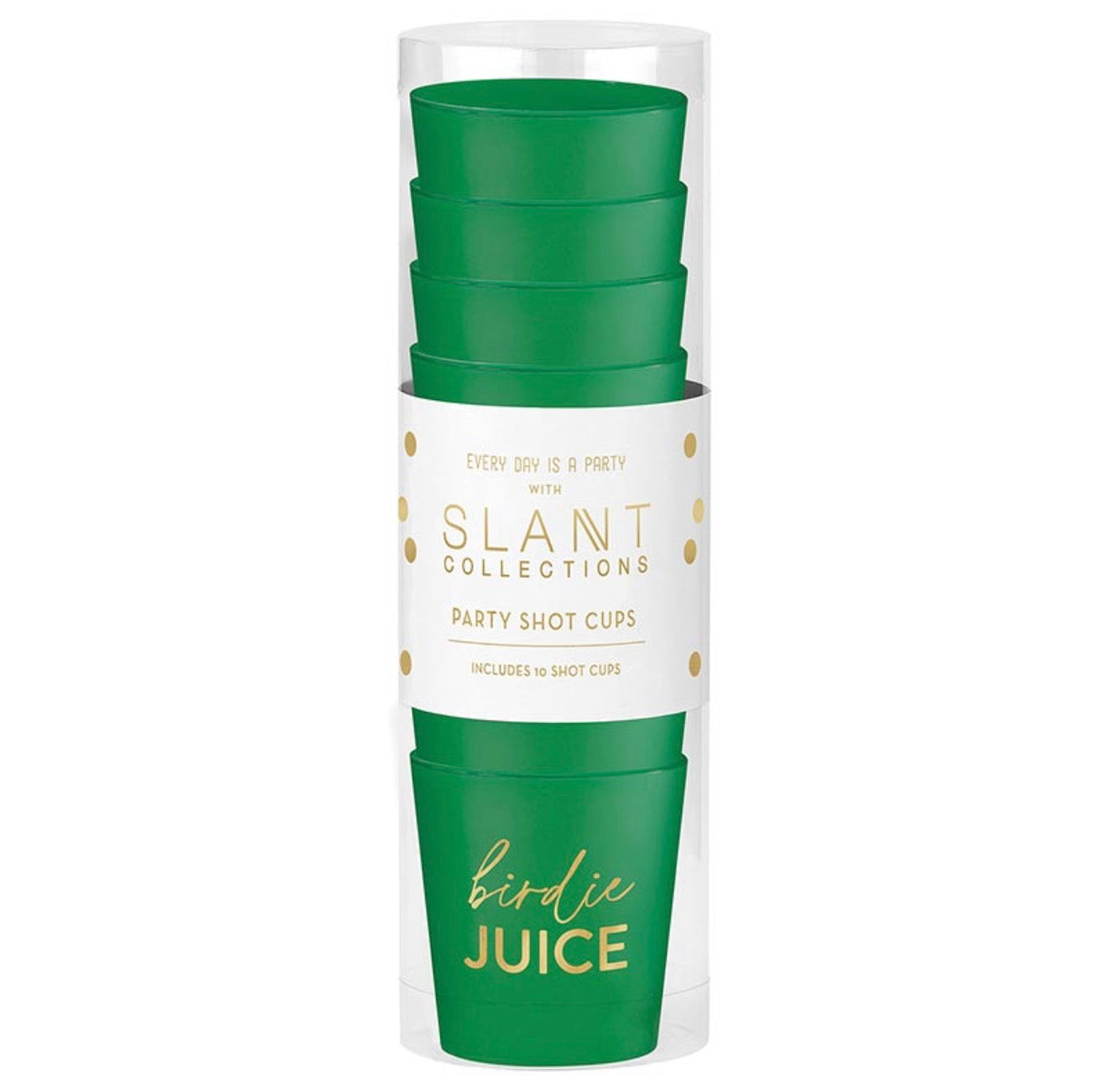 Packaged set of ten green Birdie Juice golf shot frost cups in clear gift tube.