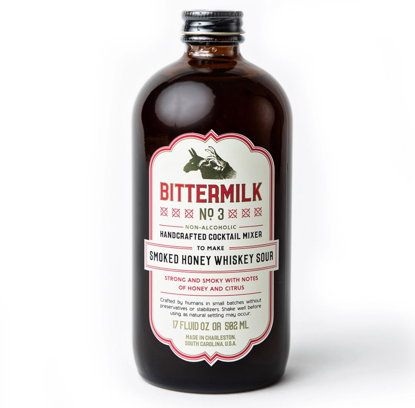 Bittermilk No. 3 smoked honey whiskey sour cocktail mixer bottle front label on white background