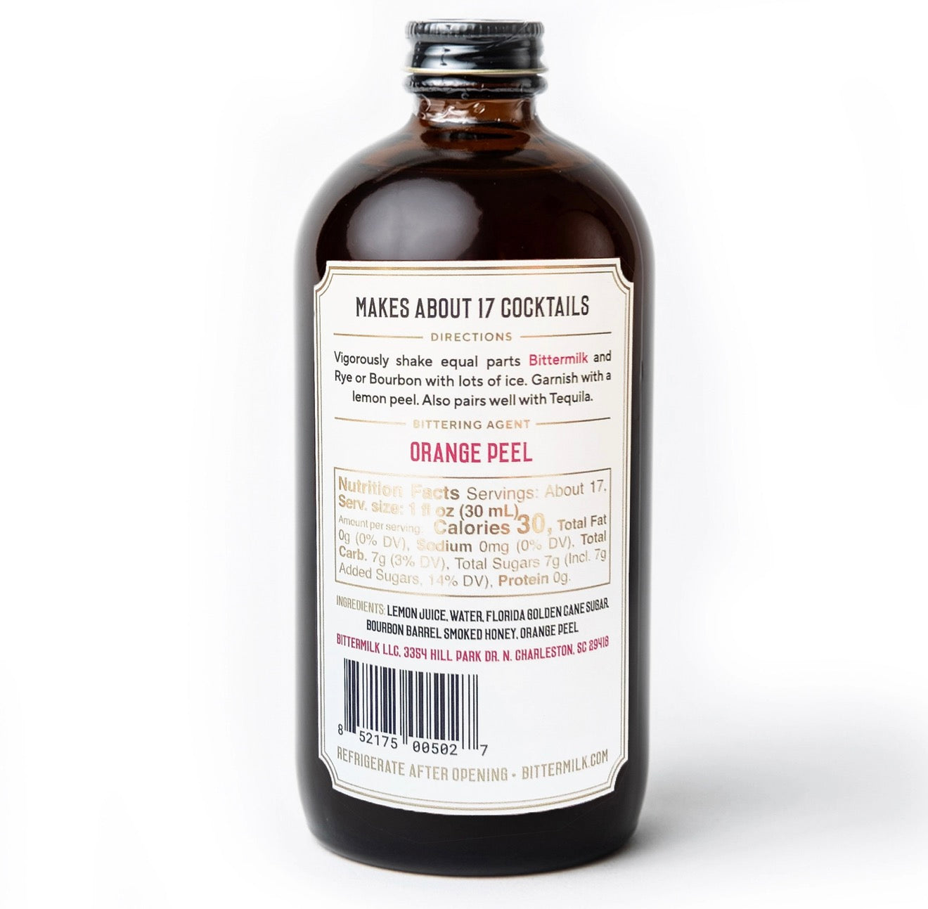Back label of Bittermilk No. 3 smoked honey whiskey sour mixer showing ingredients nutrition and directions