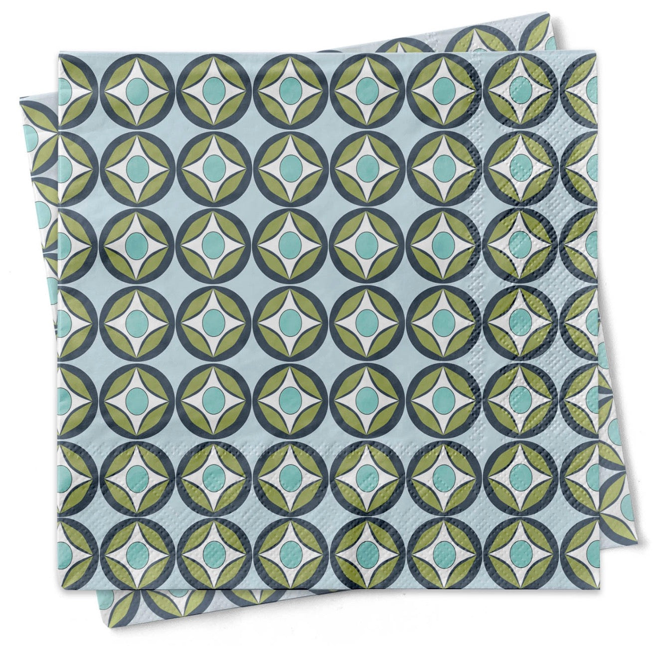 Set of blue raindrop circle mid century modern cocktail napkins stacked on white background.