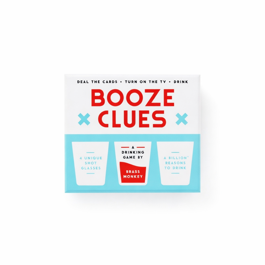 Front view of the Booze Clues drinking game by Brass Monkey, a fun party game with shot glasses and cards, perfect gift for cocktail lovers.
