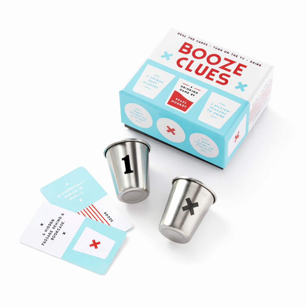 Booze Clues drinking game by Brass Monkey with trivia cards and numbered metal shot glasses, a fun party game gift for cocktail lovers