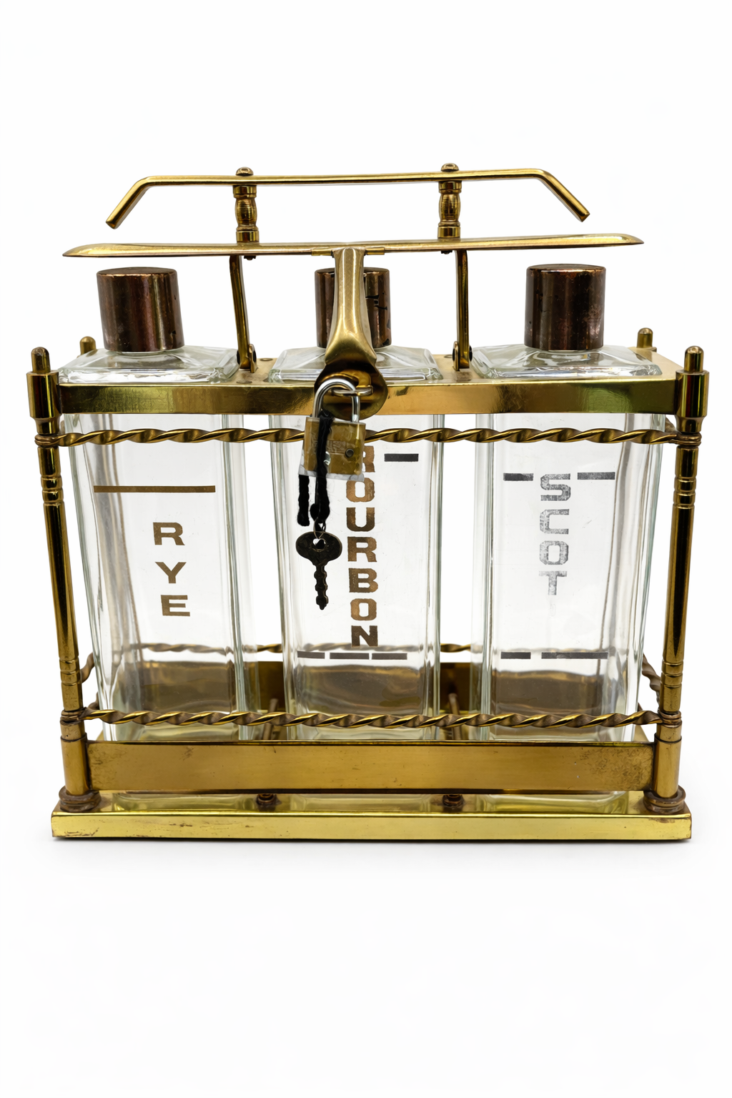 Close up of working brass lock and key on mid century modern liquor decanter set