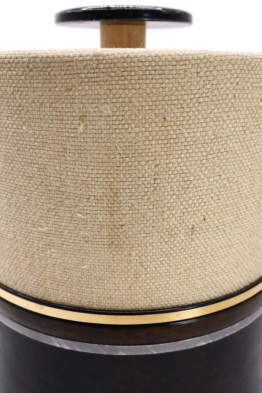 Close up detail of linen wrapped exterior on vintage Georges Briard ice bucket