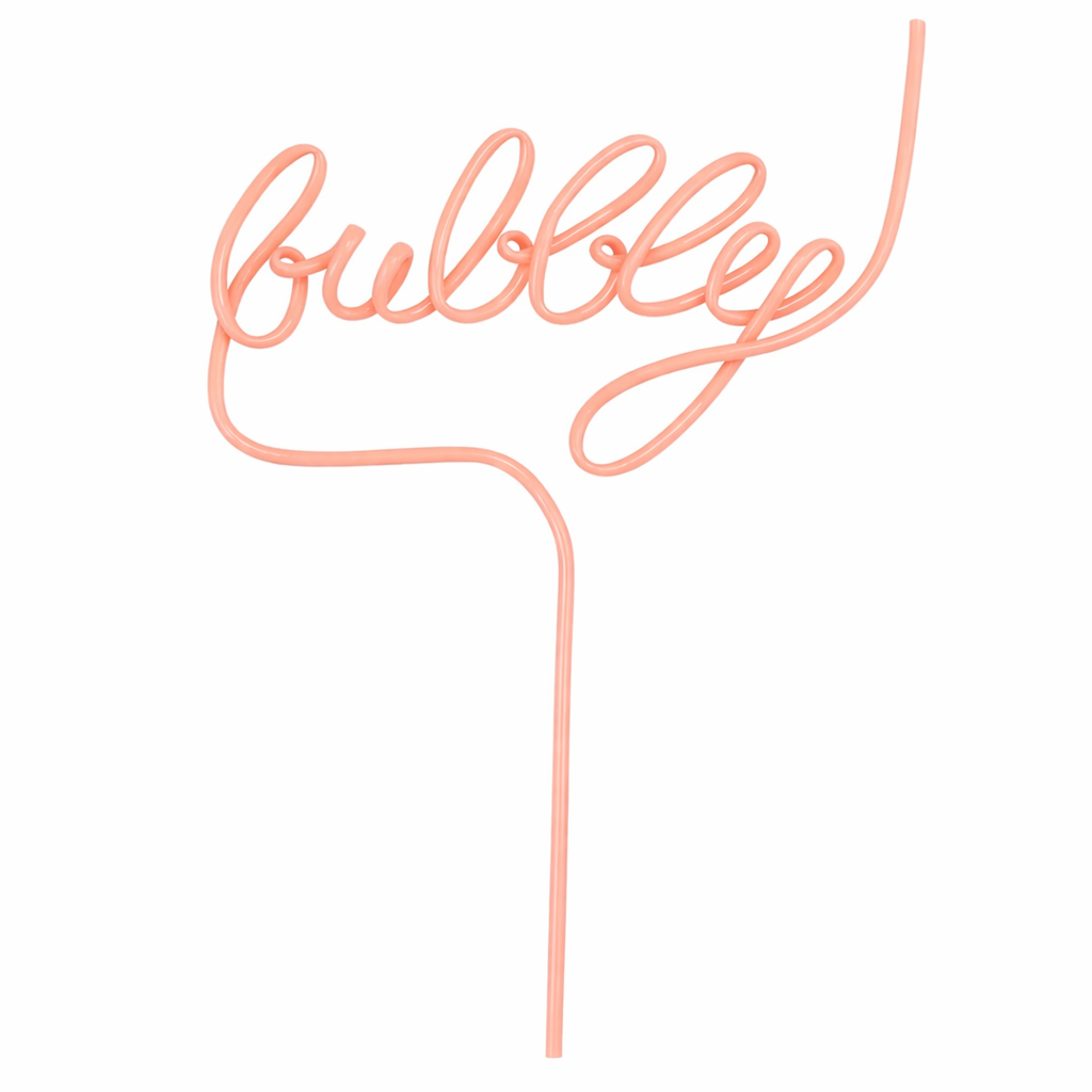 Pink reusable novelty drink straw shaped like the word bubbly on white background