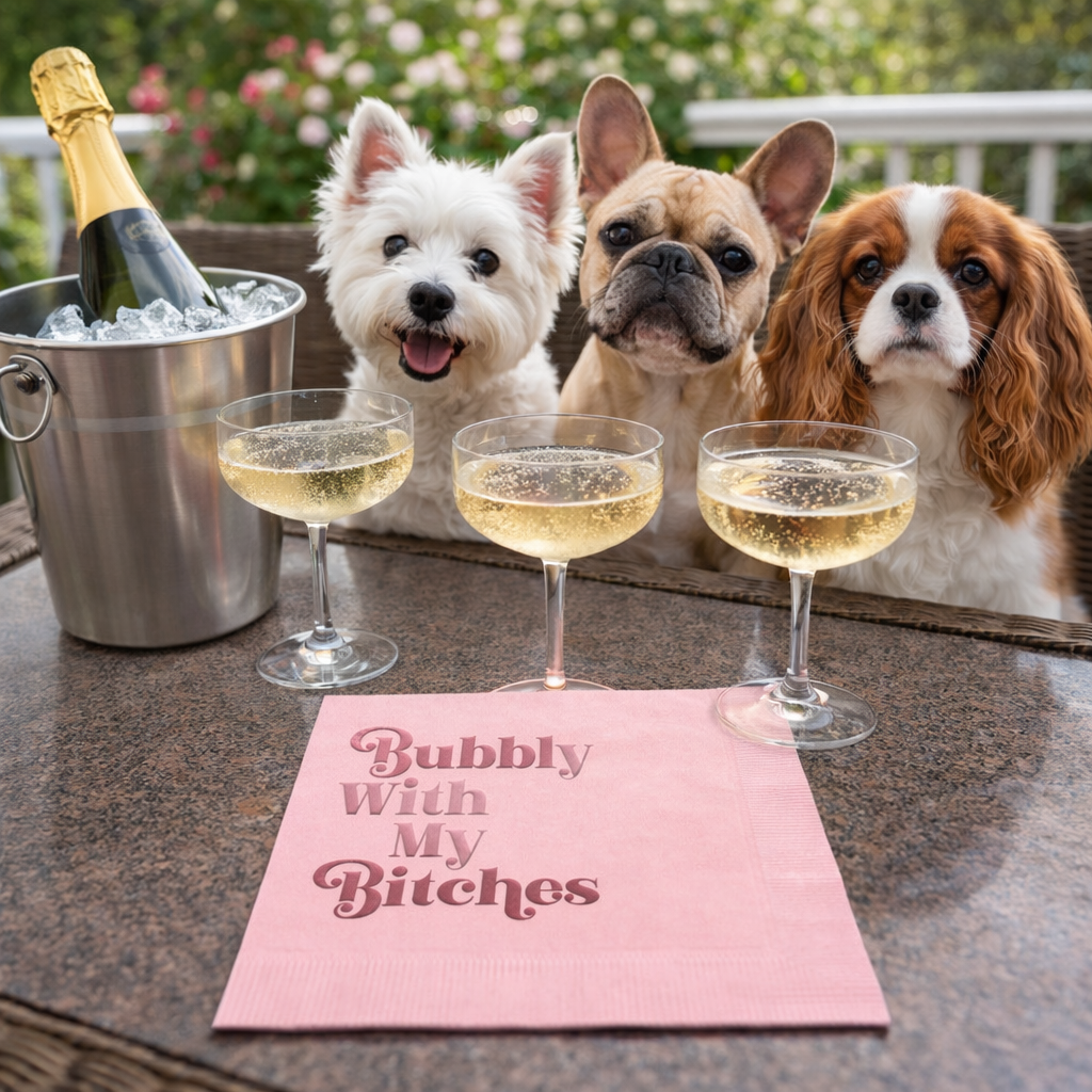 Pink Bubbly With My Bitches cocktail napkin on patio table with champagne coupe glasses and three dogs