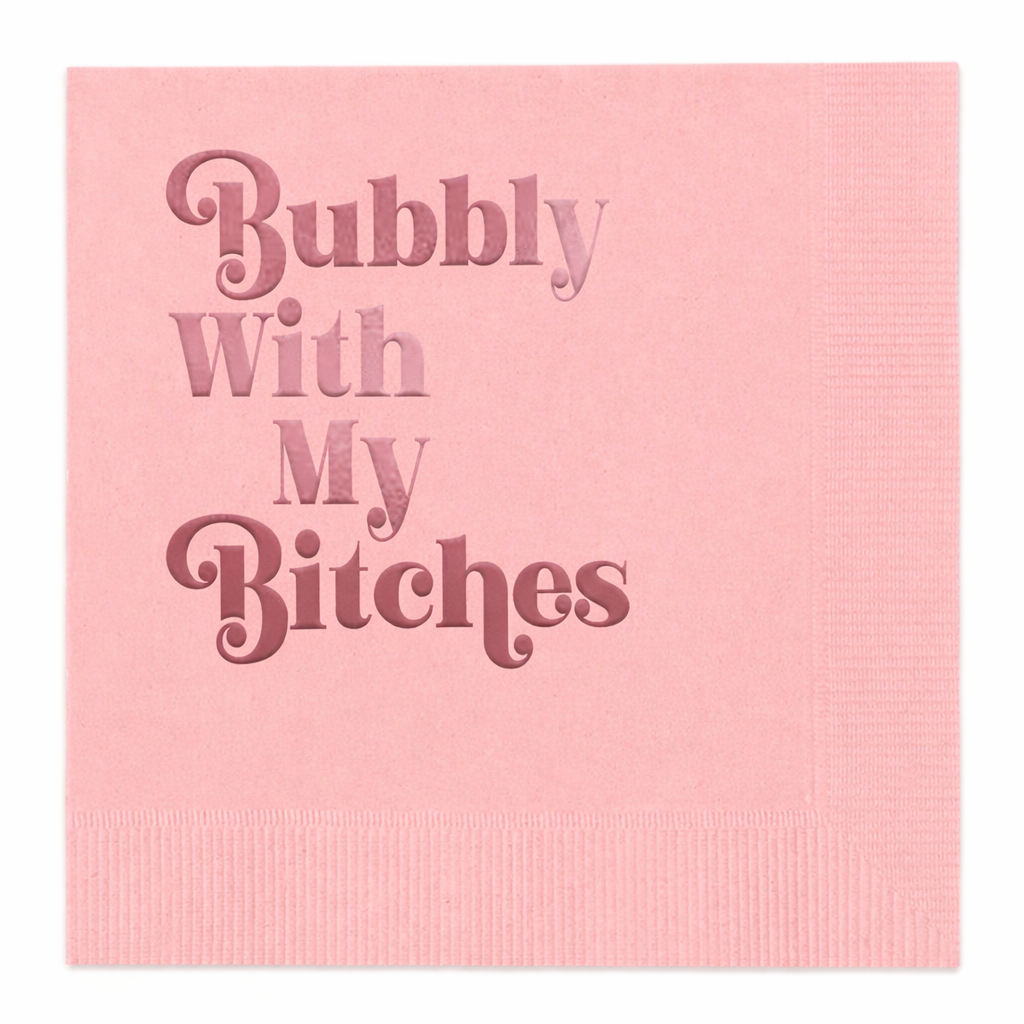 Pink cocktail napkins with Bubbly With My Bitches foil text set of 20 girls night party napkins