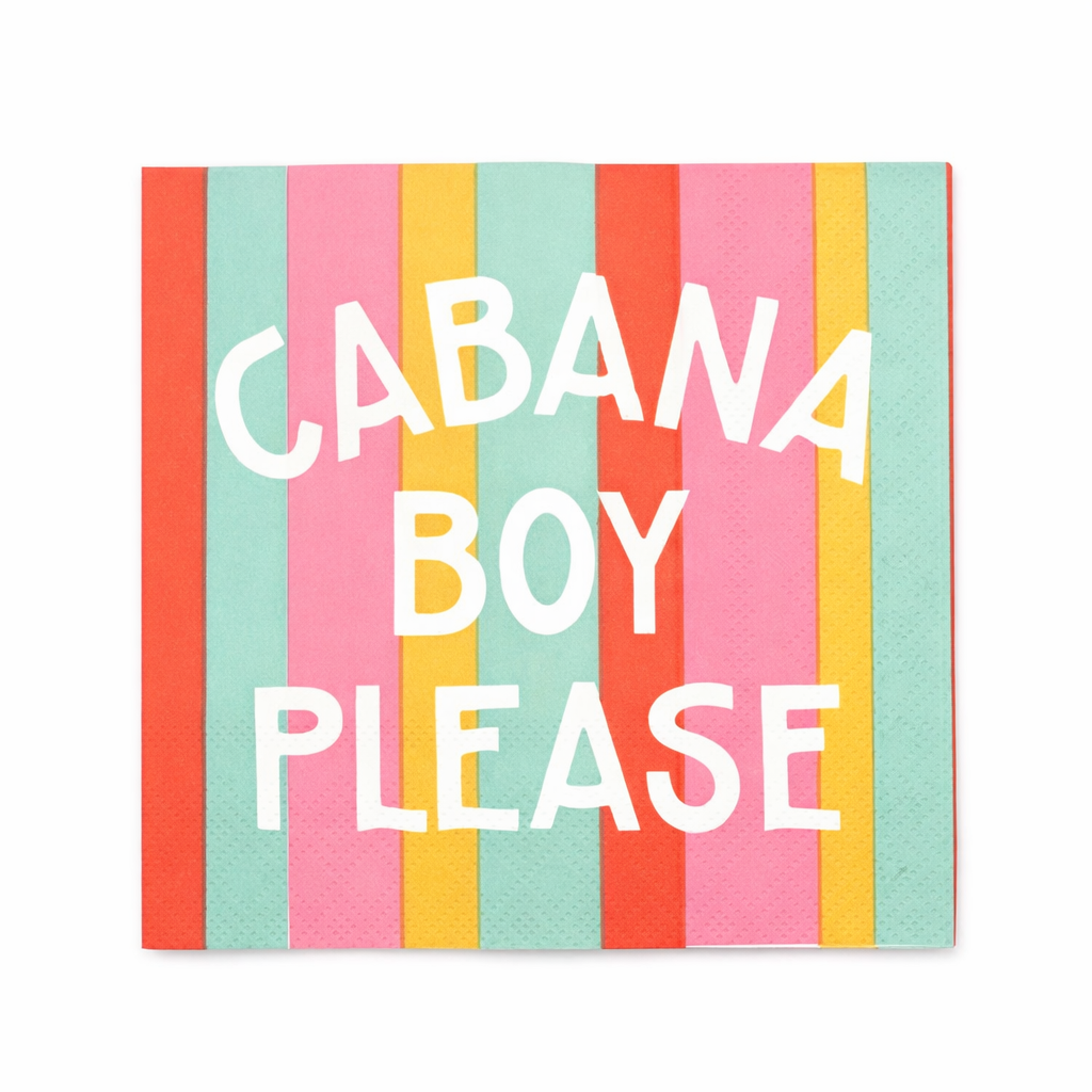 Colorful striped cocktail napkin with white text reading “Cabana Boy Please” displayed on a white background, fun napkin for pool parties, tropical cocktails, and summer entertaining.