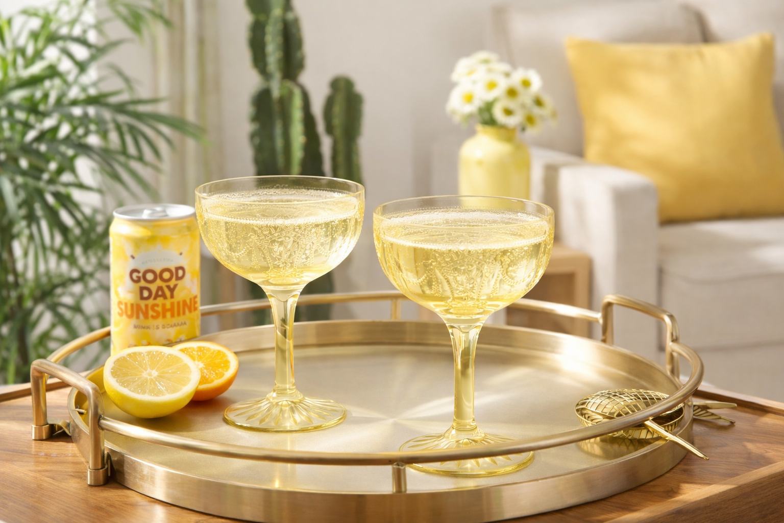 Canary yellow coupe glasses on a brass tray with citrus and mimosa mixer in a bright mid century modern setting
