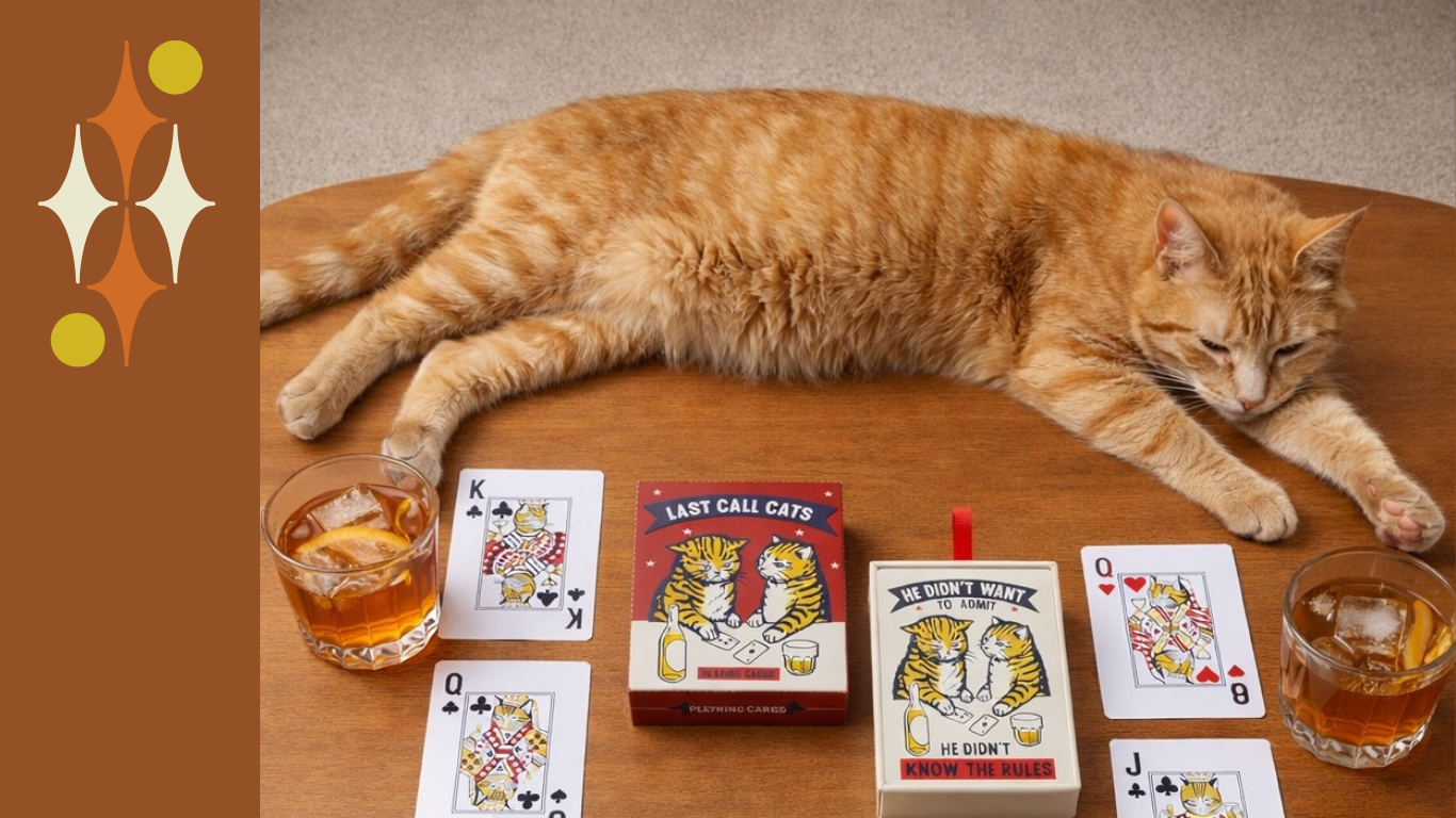 Orange tabby cat lying on a table beside cocktail glasses and cat-themed playing cards – fun gift idea for cat lovers