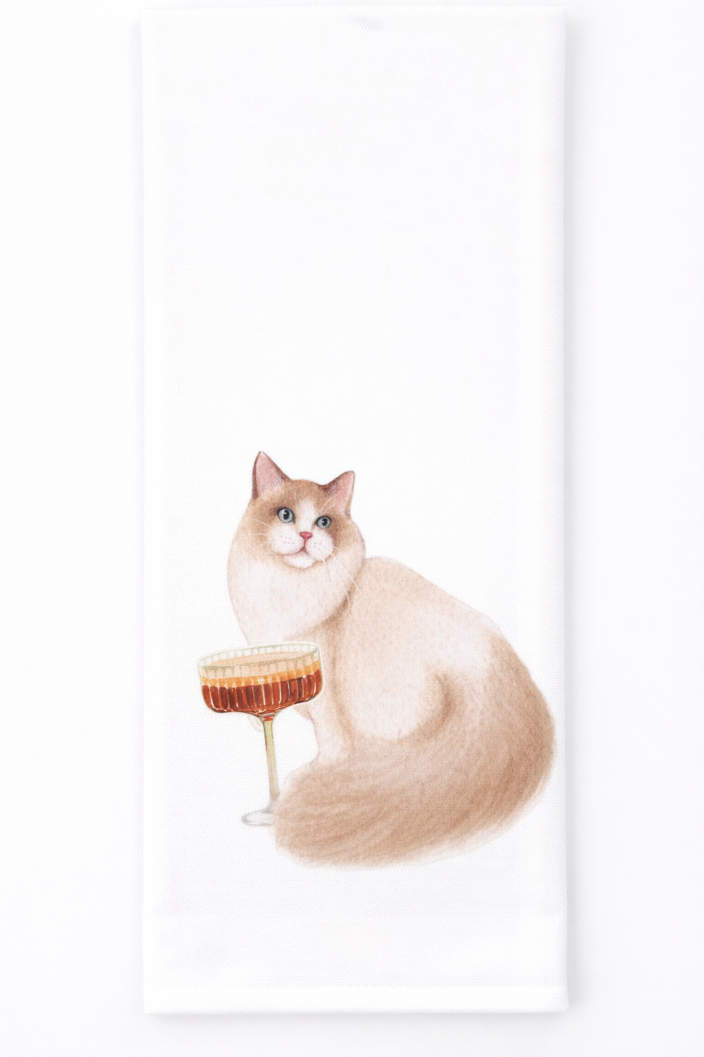 Illustration of a cat holding a cocktail glass on a white background