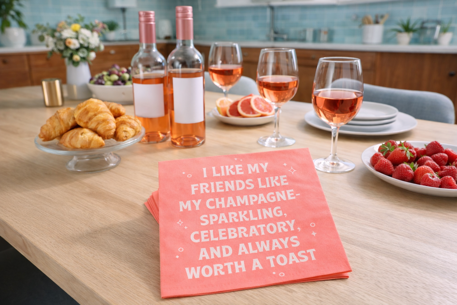 Pink champagne themed cocktail napkins styled on brunch table with rosé wine glasses croissants strawberries and flowers