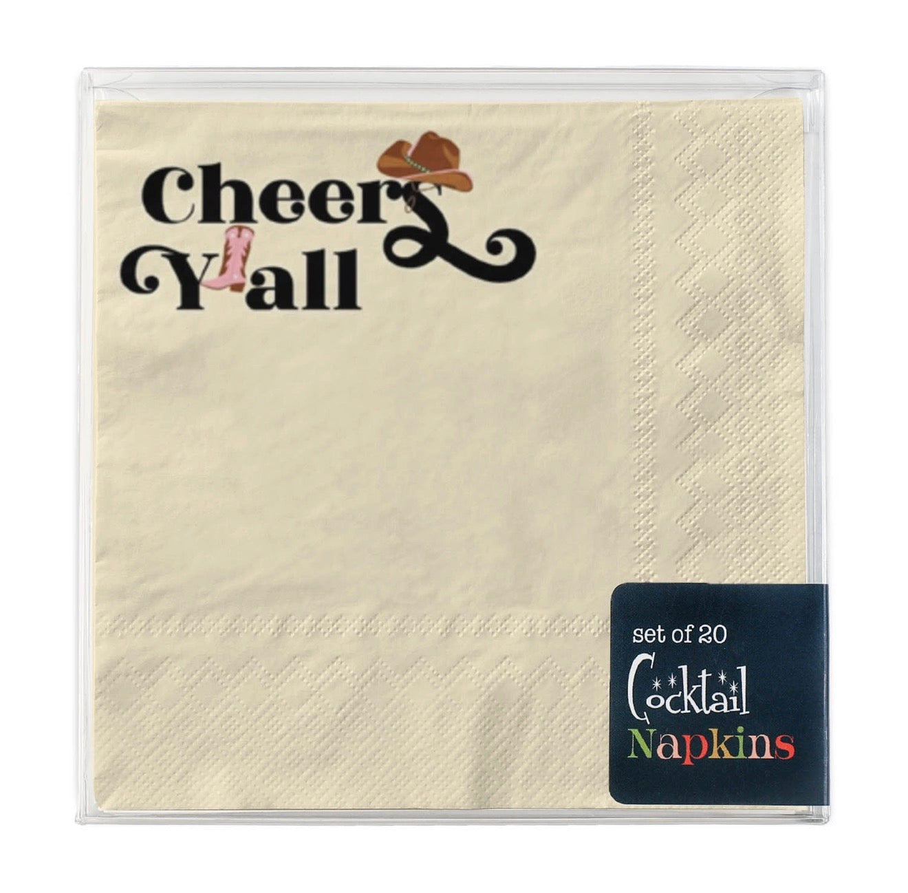 Boxed set of Cheers Y’all western cowgirl cocktail napkins gift ready packaging
