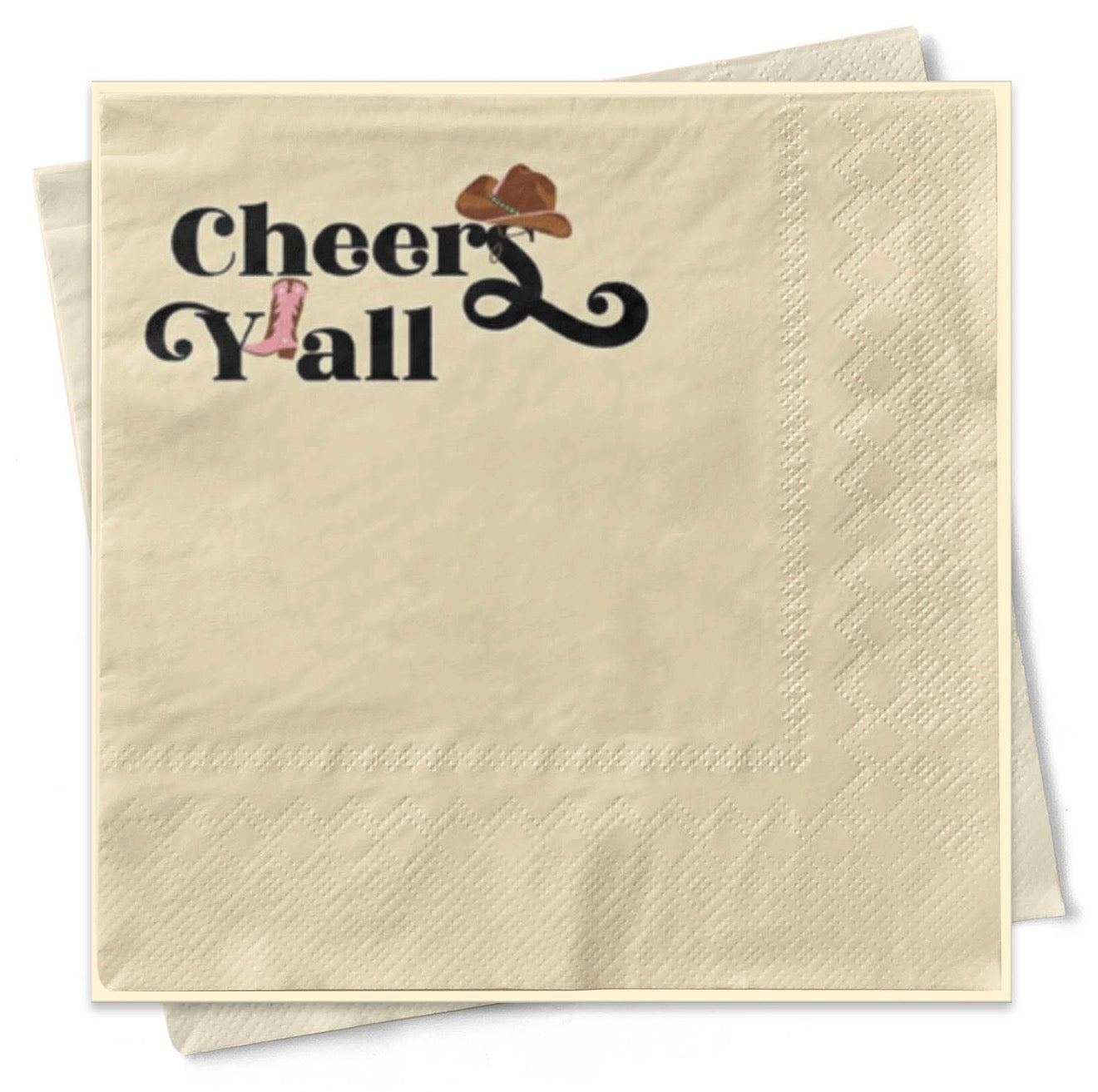 Cheers Y’all western cocktail napkins with cowgirl boot and cowboy hat design set of 20