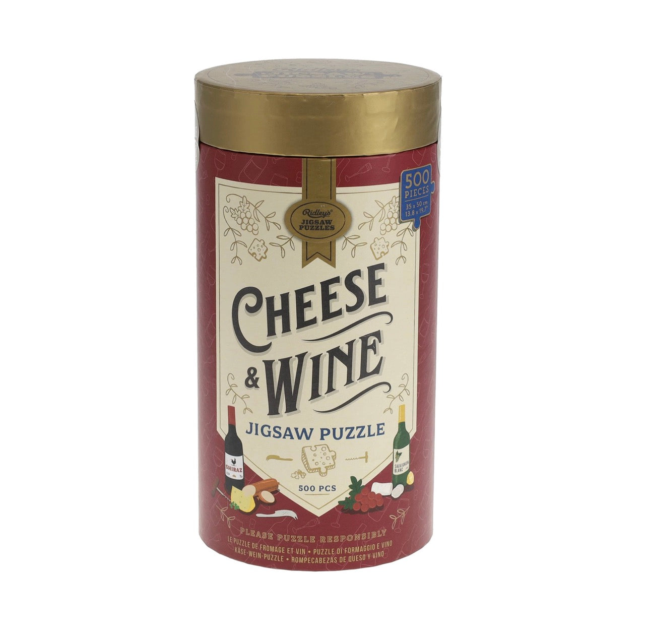 Cheese and Wine 500-piece jigsaw puzzle in decorative cylindrical tin, a stylish gift for cocktail lovers, wine lovers, and entertaining enthusiasts.
