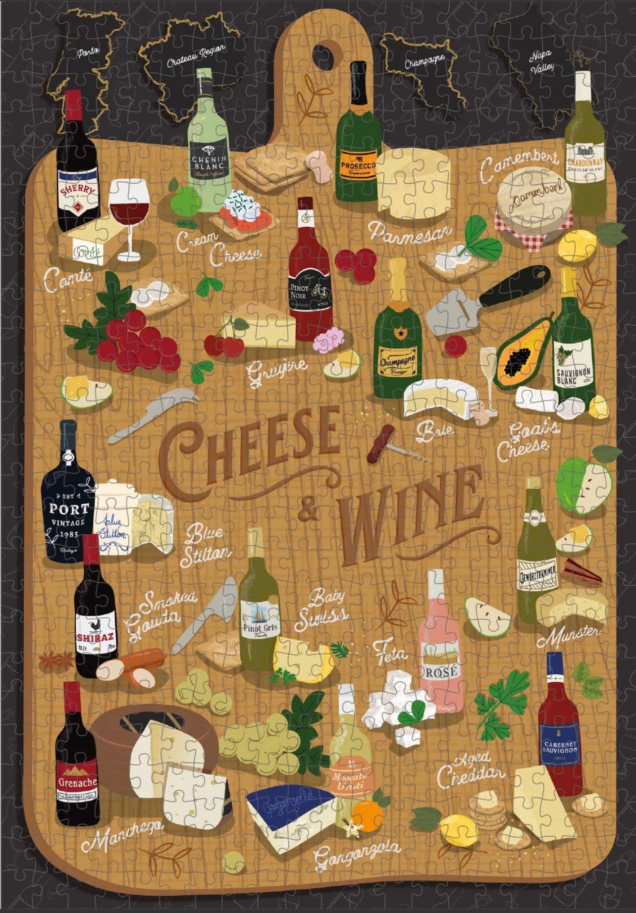 Illustrated Cheese & Wine jigsaw puzzle showing wine bottles and cheese pairings on a wooden board, perfect gift for cocktail lovers and wine enthusiasts.