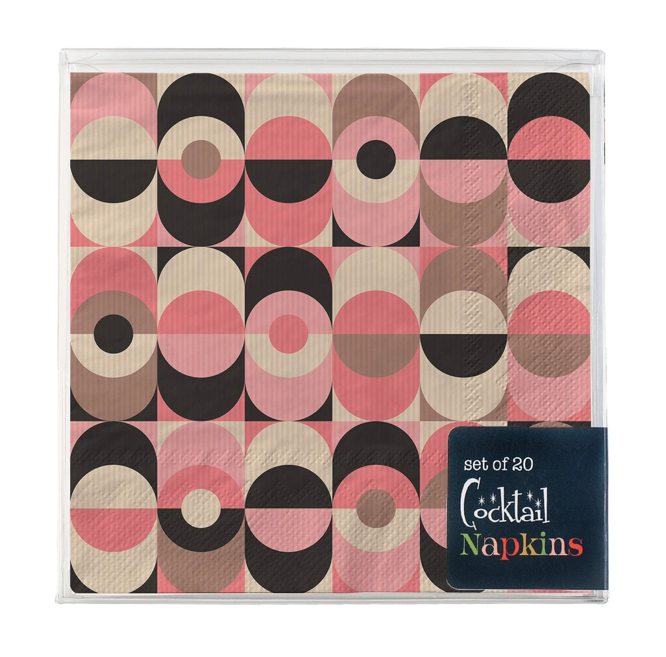 Boxed set of pink geometric cocktail napkins in protective clear gift packaging