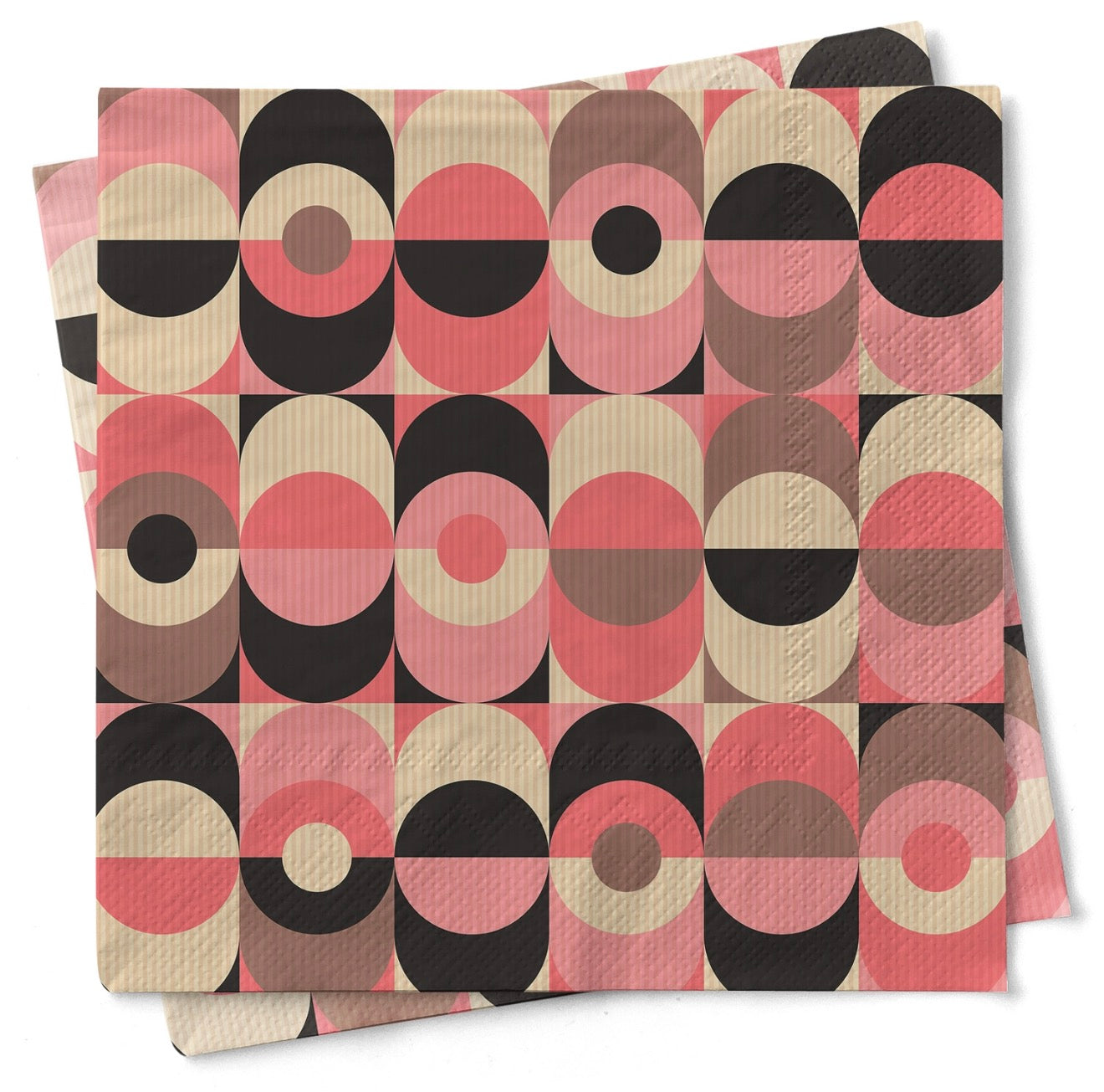 Set of pink mid century modern cocktail napkins with retro circle and oval geometric pattern