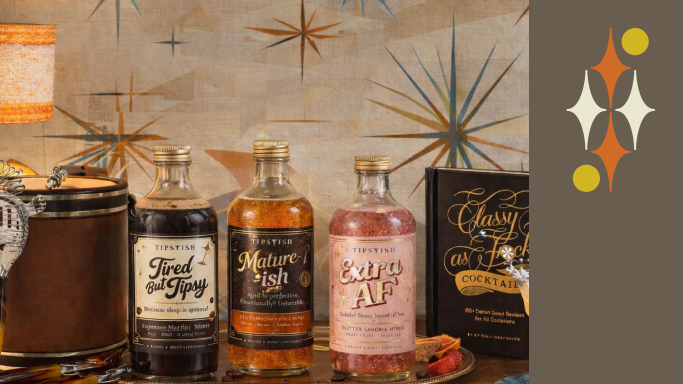 Cocktail mixer bottles displayed beside an ice bucket and cocktail recipe book – stylish host or hostess gift for entertaining