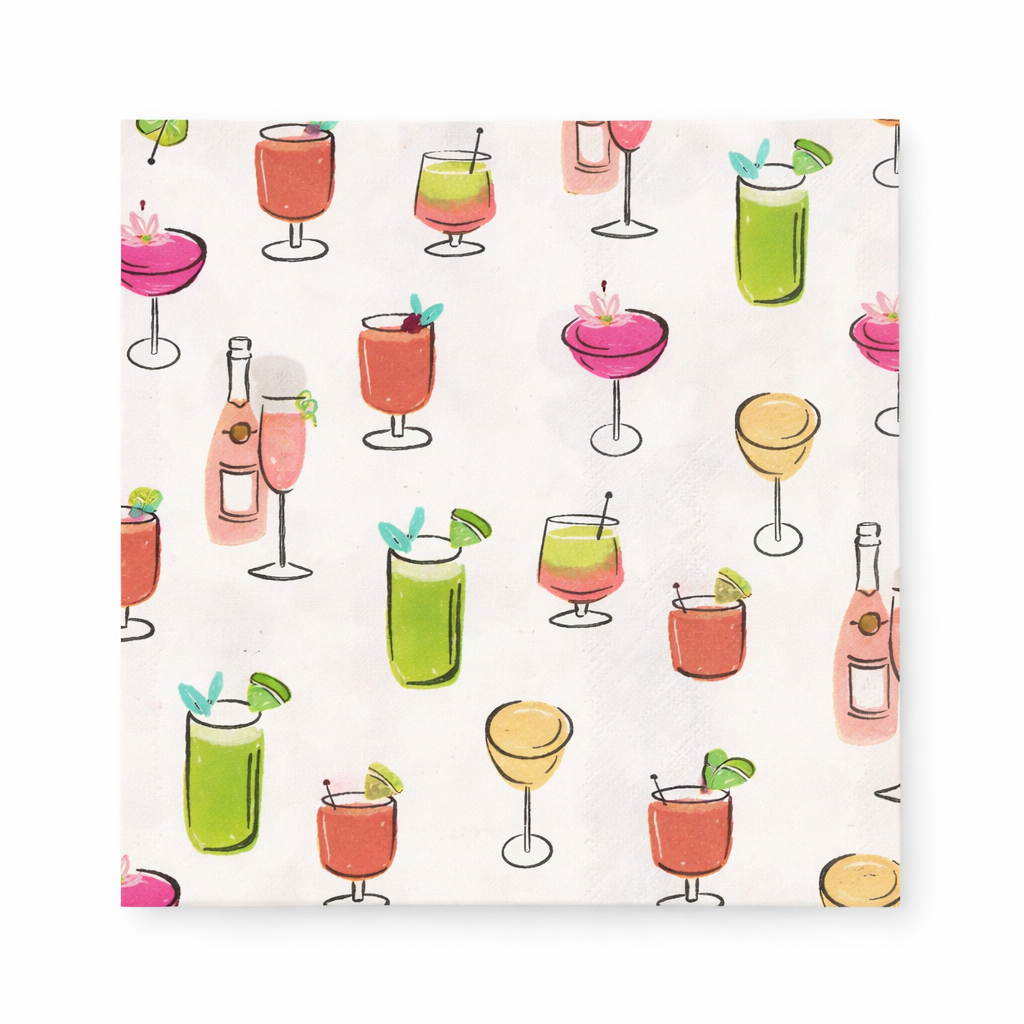 Close up of colorful cocktail illustration pattern on paper party napkin