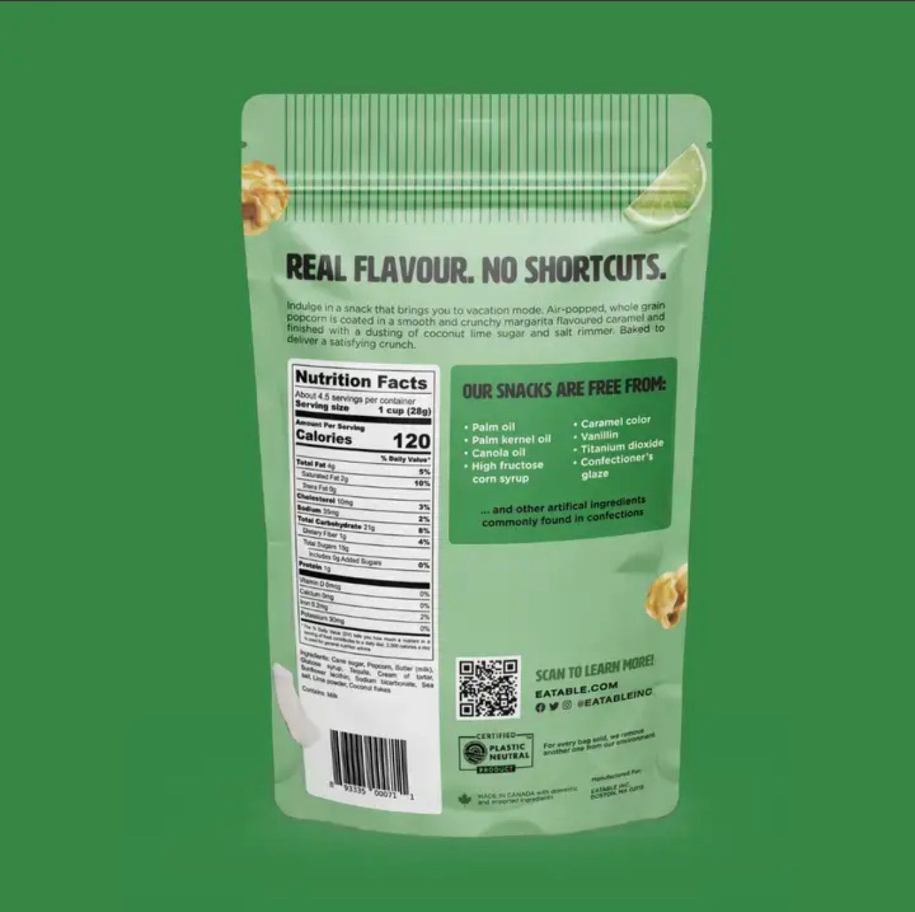 Back of Eatable Coconut Lime Margarita gourmet popcorn bag with nutrition facts and ingredients
