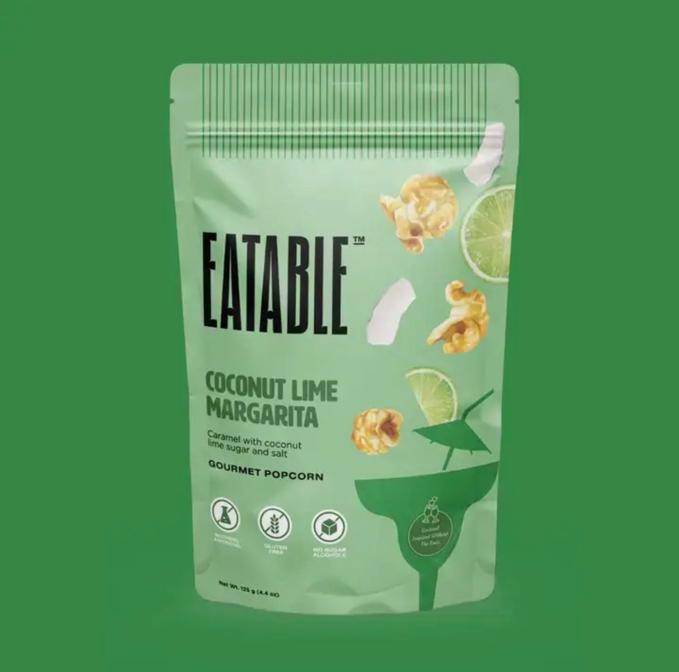 Front view of Eatable Coconut Lime Margarita gourmet popcorn bag