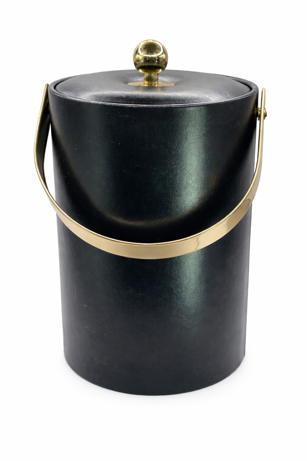 Back view of vintage Courroc black ice bucket with curved brass swing handle.

