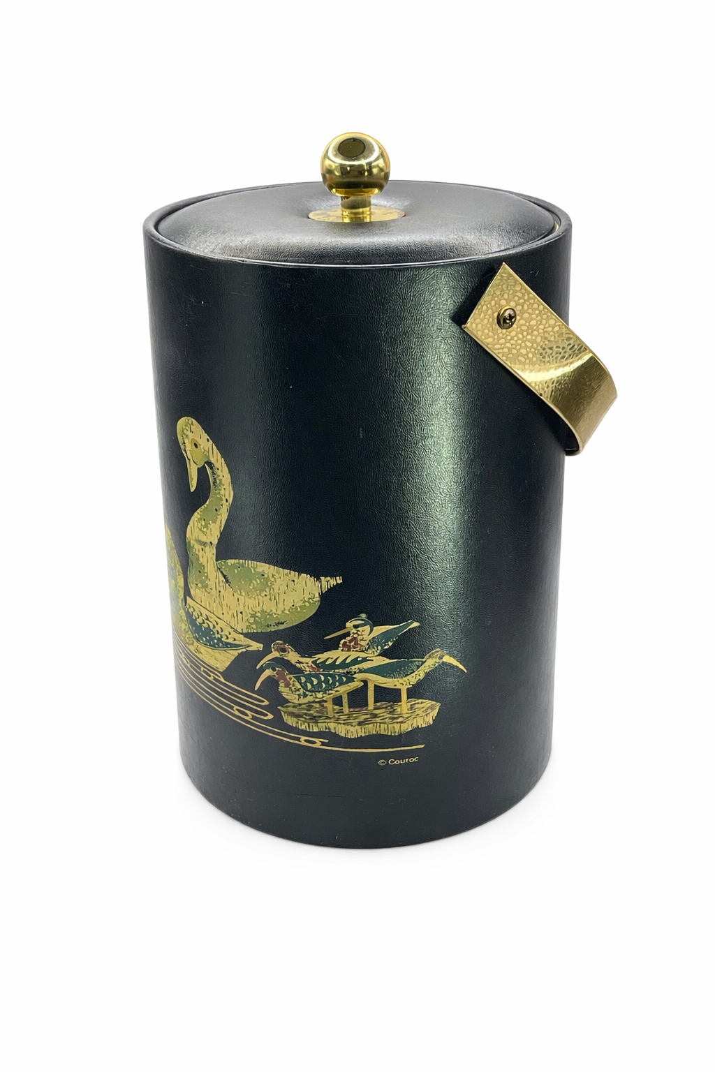 Mid century Courroc ice bucket showing hammered brass handle and gold wildlife motif.

