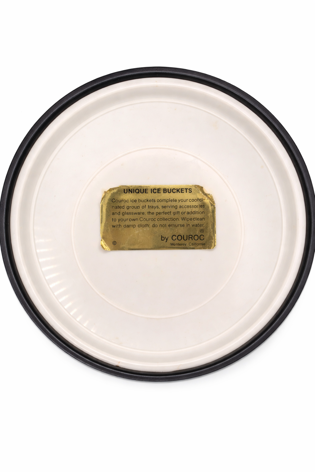 Original Courroc Monterey California gold label inside vintage ice bucket.
