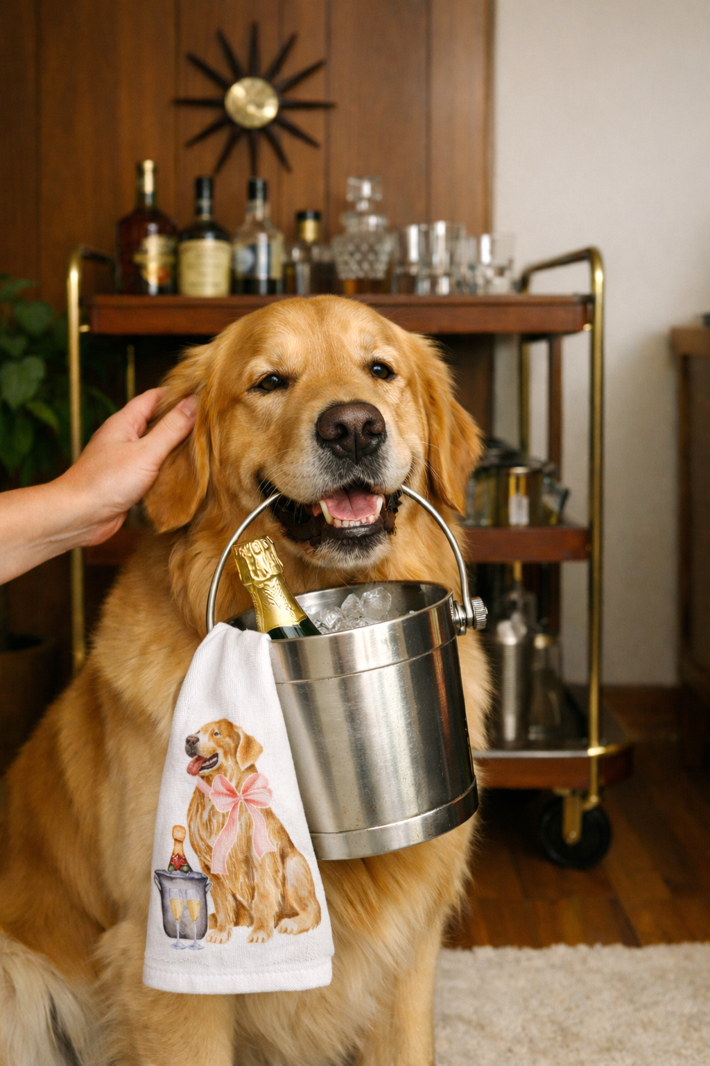 Golden retriever holding a champagne ice bucket with towel in front of a midcentury modern bar cart featuring craft cocktail essentials and vintage barware.
