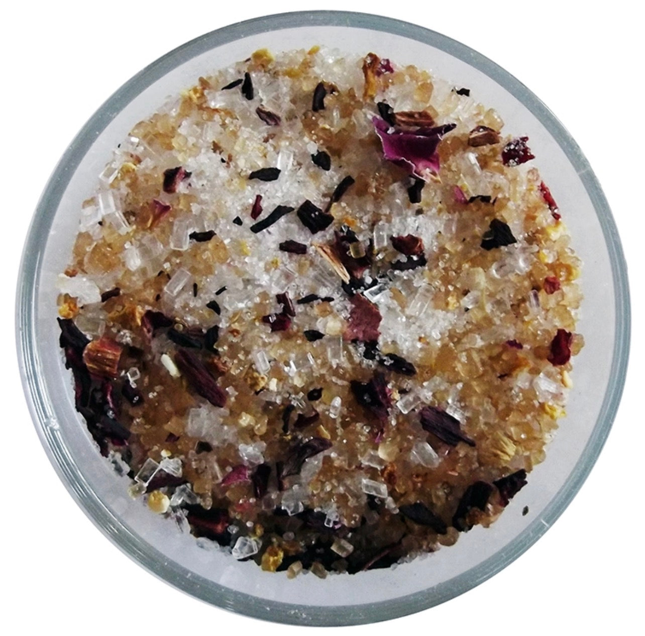 Close-up of cranberry cocktail rim sugar with sugar crystals, hibiscus petals, and dried orange peel.
