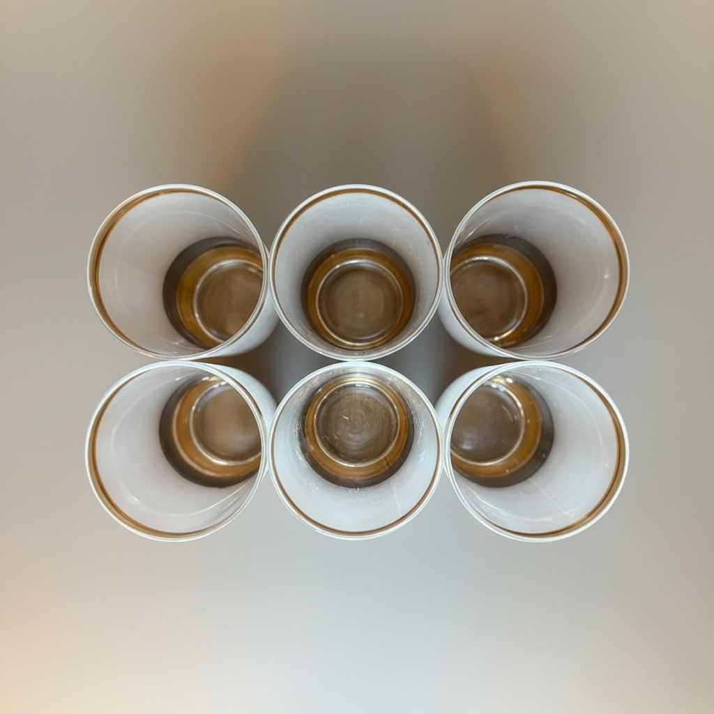 Top view of six vintage Culver highball glasses showing interior and base
