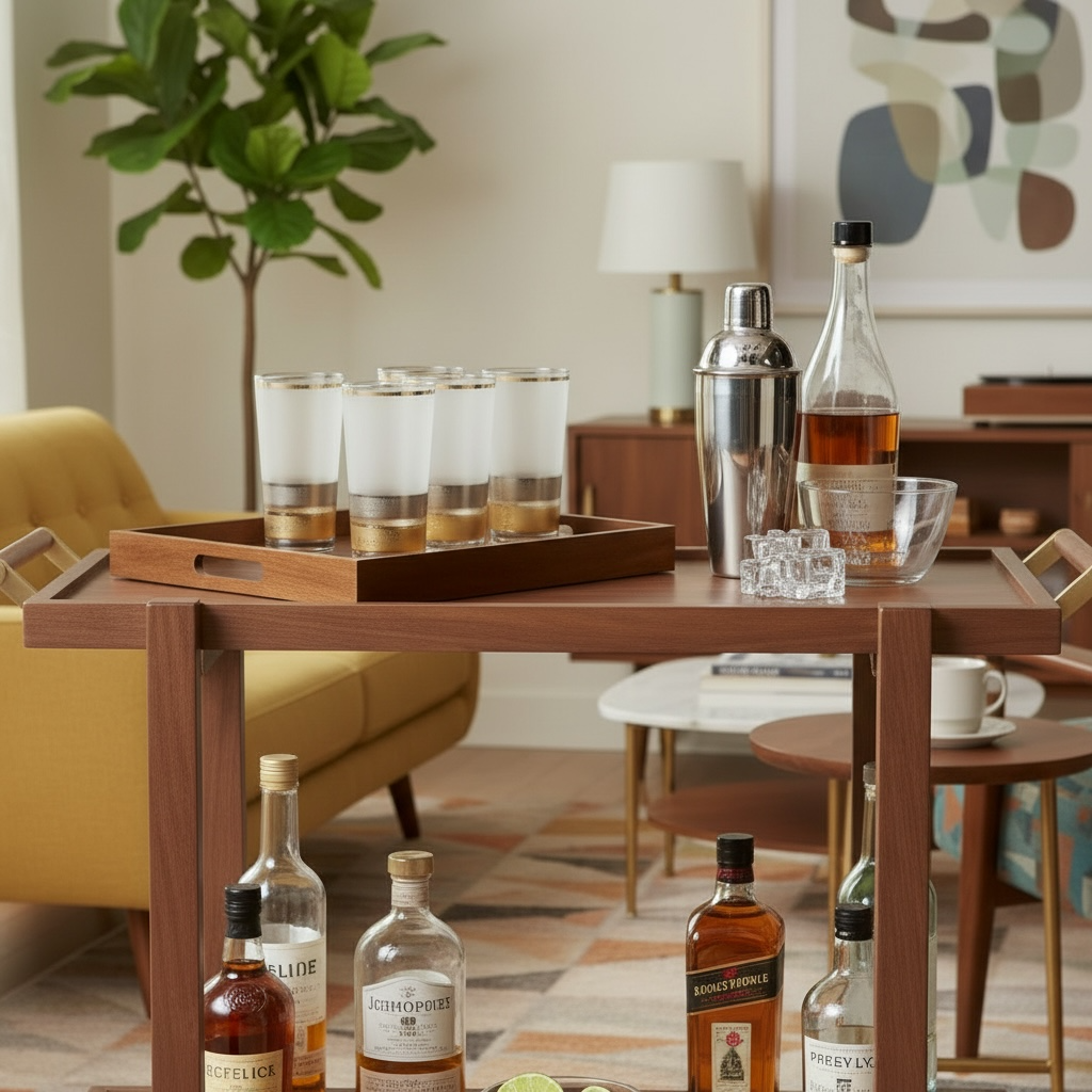 Vintage Culver highball glasses styled on a mid-century modern bar cart