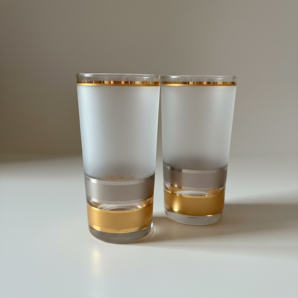 Close-up of two Culver frosted highball glasses showing gold rim and band detail